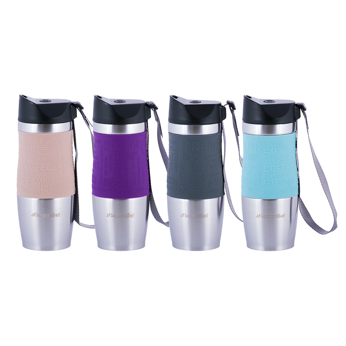 Kamille Термокружка 380 мл. из нержавеющей стали KM-2052 с TPR-вставкой и ремешком