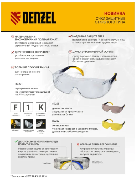Denzel Очки защитные открытые, поликарбонатные, увеличенная дымчатая линза, регулируемые дужки 89203