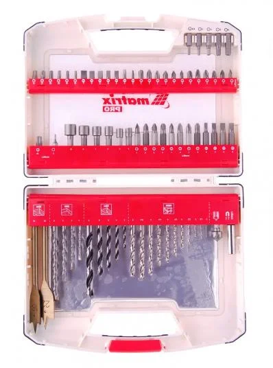 Matrix Набор сверл комбинированный, сверла по металлу 1-6 мм, бетону 4-8 мм, дереву 3-8 мм, перовые 16,22 мм, биты 44 шт, адаптер, головки 6 шт, 75 предметов Pro 725675