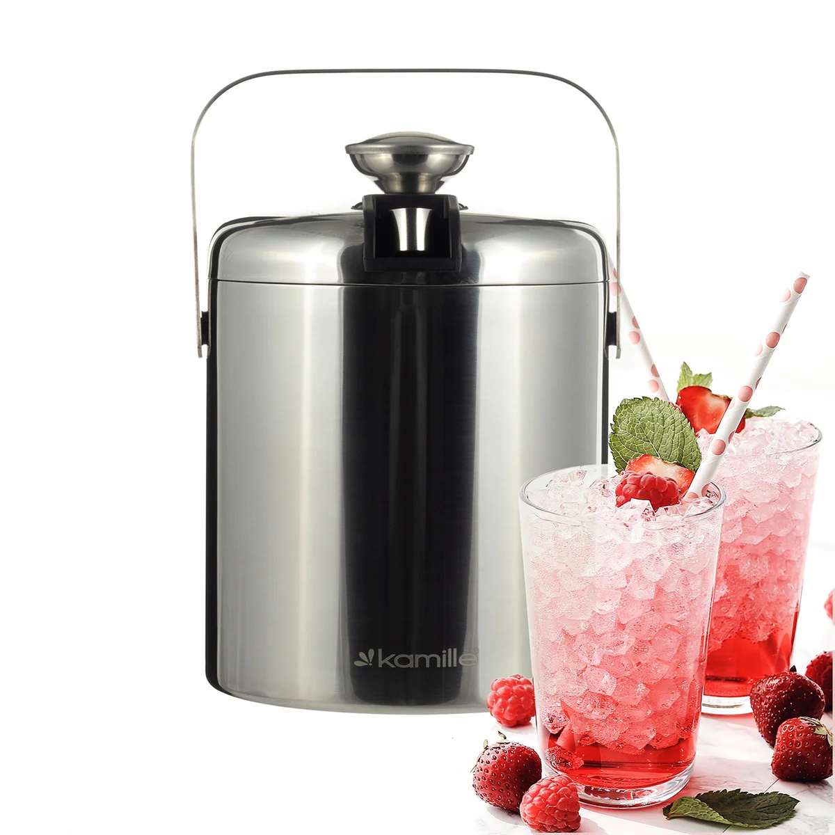 Kamille Ведро для льда 1300 мл. с крышкой KM 7766 из нержавеющей стали с ручкой и щипцами