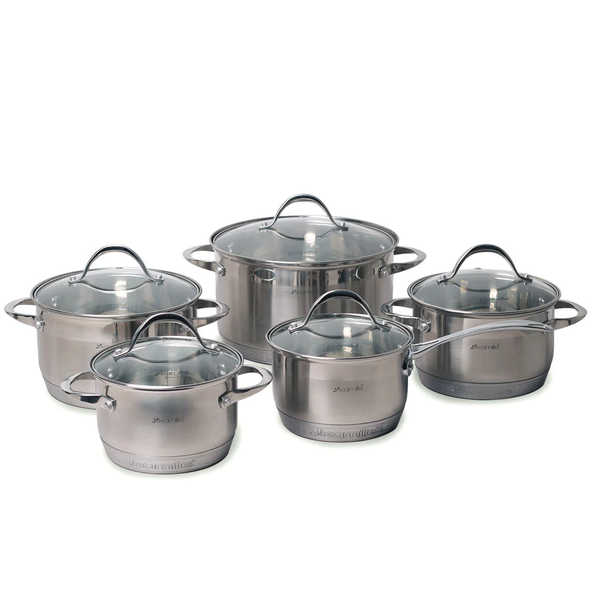 Kamille Набор посуды 10 предметов KM 4710S из нержавеющей стали (ковш 1,8 л; кастрюли 1,8 л; 2,3 л; 3,3 л; 5,8 л; 7-слойное дно)