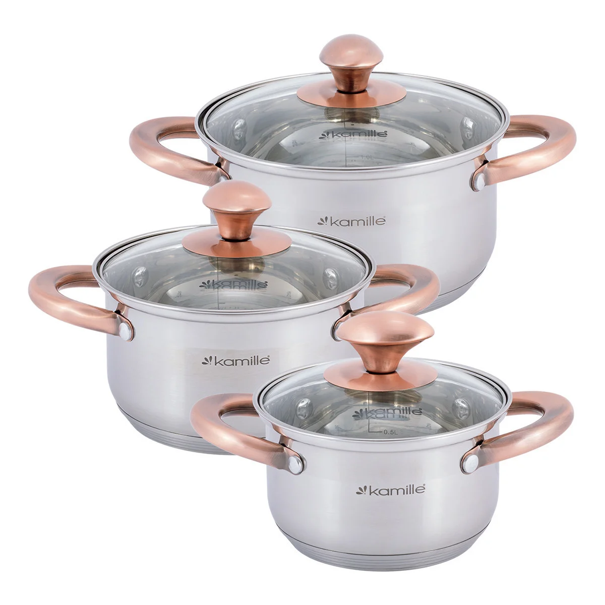 Kamille Набор кастрюль 6 предметов KM 4936 (1 л; 1,5 л; 2 л.) из нержавеющей стали с ручками под медь