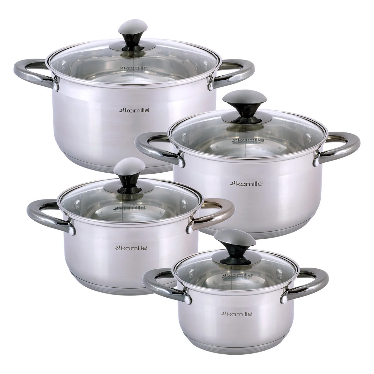 Kamille Набор кастрюль 8 предметов KM 4927 из нержавеющей стали (1,5 л; 2 л; 3 л; 5 л.) черные ручки