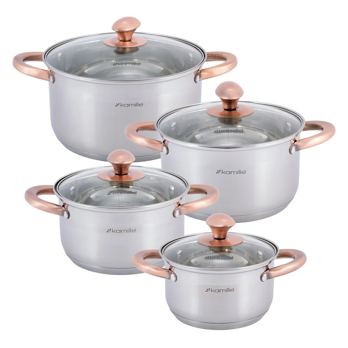 Kamille Набор кастрюль 8 предметов KM 4937 (1,5 л; 2 л; 3 л; 5 л.) из нержавеющей стали с ручками под медь