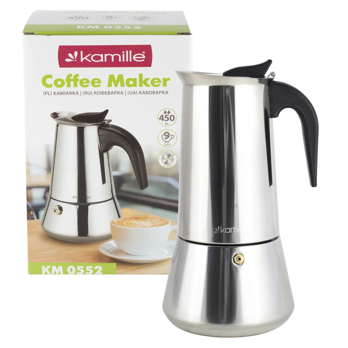 Kamille Кофеварка гейзерная 450 мл. (9 порций) из нержавеющей стали KM-0552