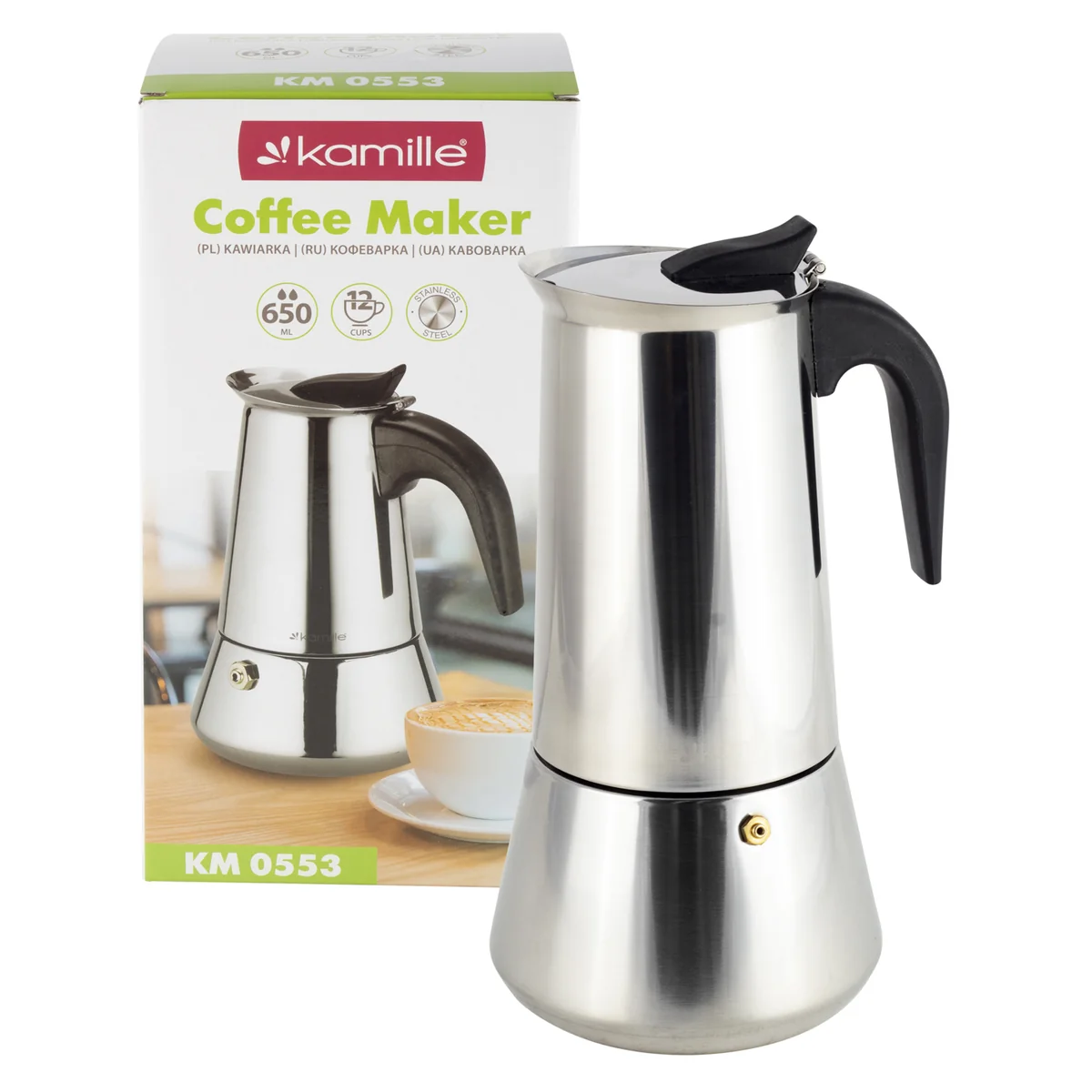 Kamille Кофеварка гейзерная 600 мл. (12 порций) из нержавеющей стали KM-0553