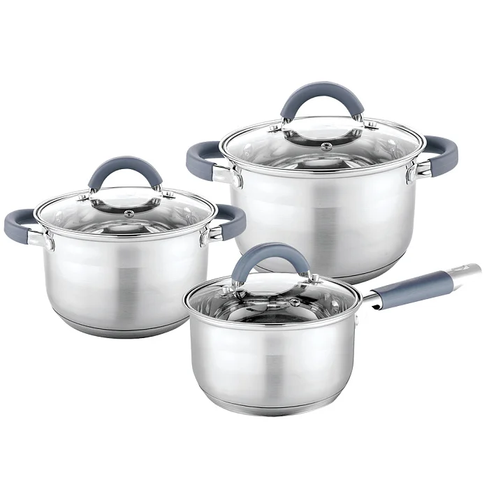 WEBBER Набор посуды 6 предметов: 2 кастрюли (3 л, 4 л) и ковш (2,1 л) из нержавеющей стали со стеклянными крышками BE-634/6