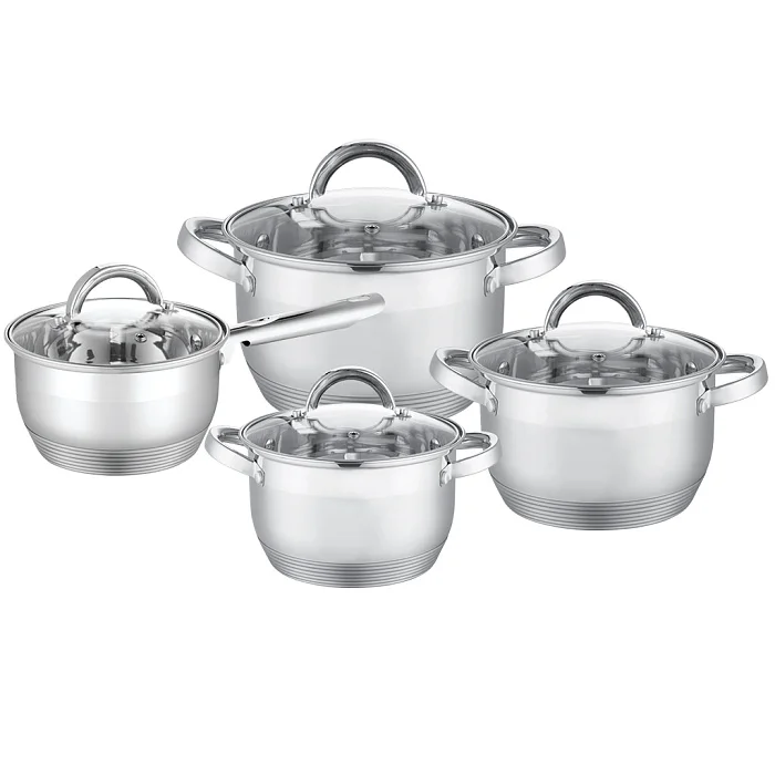 WEBBER Набор посуды 8 предметов: 3 кастрюли (2,2 л, 3 л, 4 л) и ковш (2,1 л) из нержавеющей стали со стеклянными крышками BE-651/8