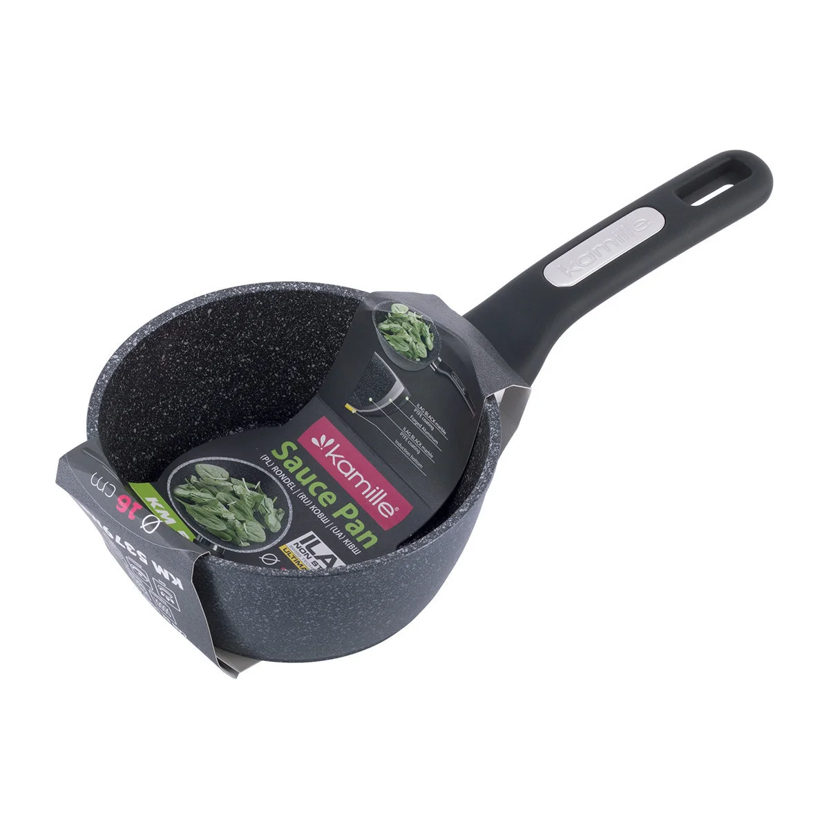 Kamille Ковш 1,2 л. из литого алюминия КМ-5379MR (16 см) с покрытием чёрный мрамор