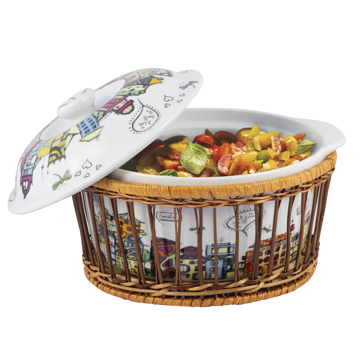 Kamille Кастрюля керамическая 1,8 л. с крышкой KM-6301 (24х21х12 см) в ротанговой корзинке