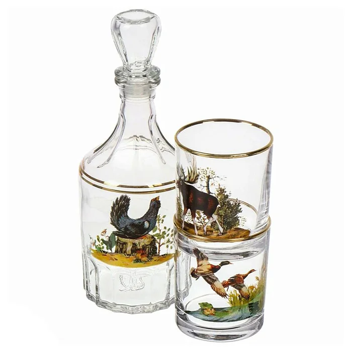 ДЕКОСТЕК Подарочный набор 3 предмета (графин Цезарь + 2 стакана 250 мл) Трофейная охота 1330-ДЗ4