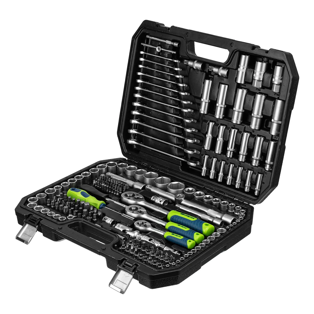 Сибртех Набор инструментов, 1/2, 3/8, 1/4, пластиковый кейс 215 предм. 14170