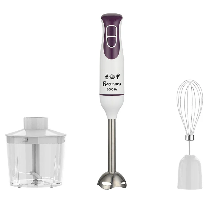 ВАСИЛИСА Блендер погружной 1000 Вт ВА-313A с измельчителем, венчиком, белый с фиолетовым