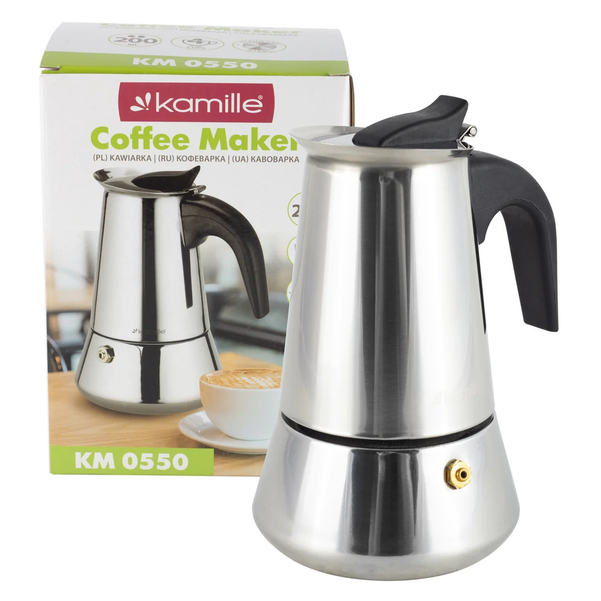 Kamille Кофеварка гейзерная 200 мл. (4 порции) из нержавеющей стали KM-0550