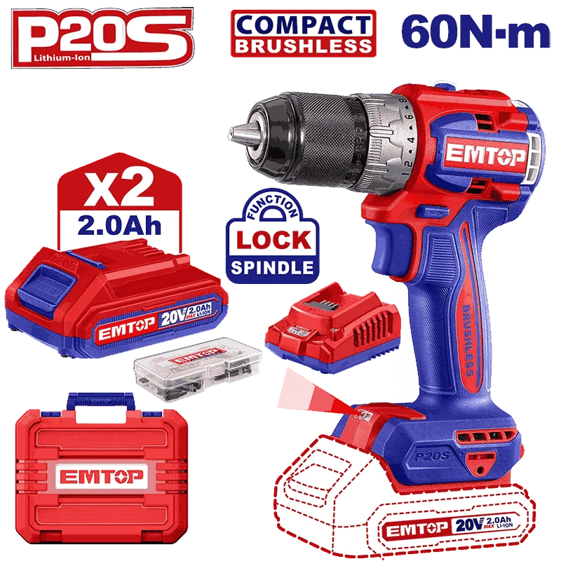 Emtop Компактная бесщеточная аккумуляторная дрель-шуруповерт ECDL20602