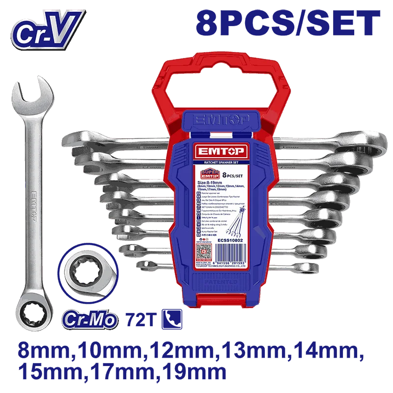 Emtop Набор комбинированных ключей с трещоткой ECSS10802
