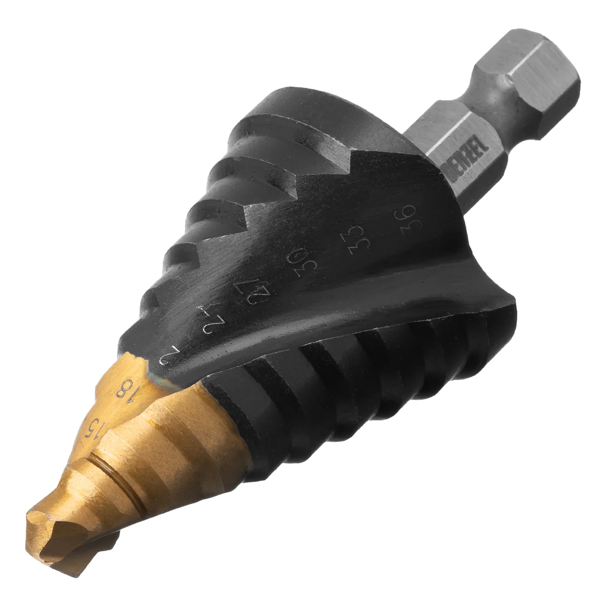 Denzel Сверло ступенчатое, 9-12-15-18-21-24-27-30-33-36 мм, Р6М5, 6-гр. хвостовик 723605