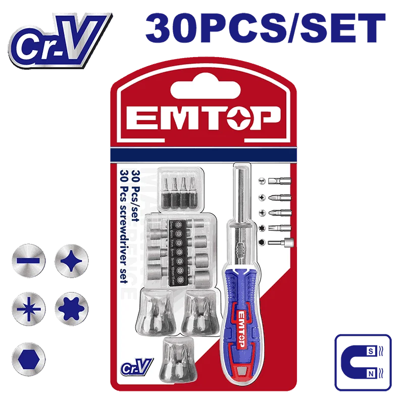 Emtop Отвертка реверсивная с битами 30шт EBST03006