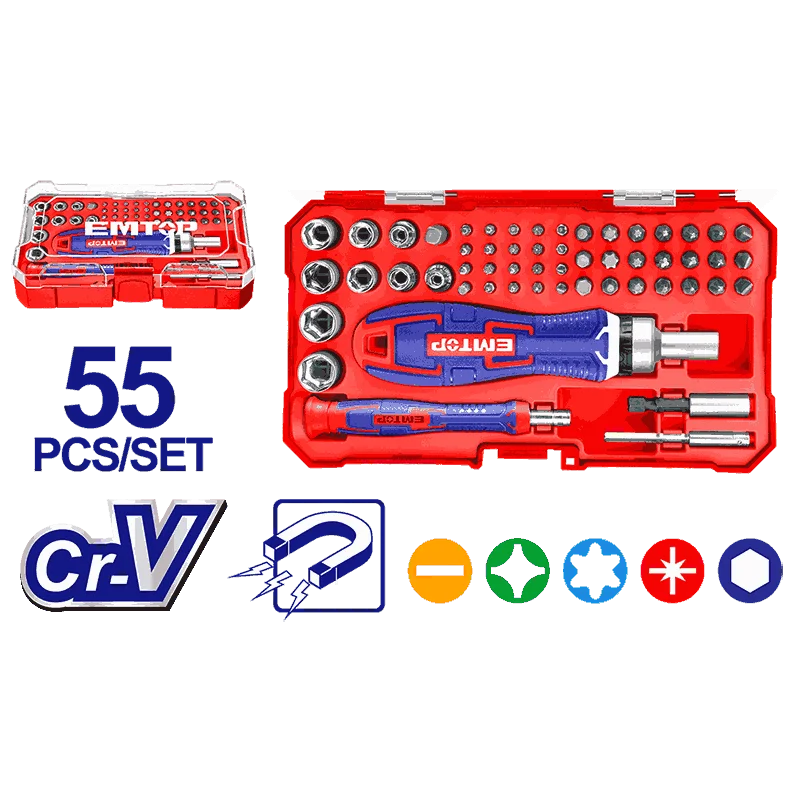 Emtop Набор бит с трещоточной отверткой 55шт EBST05502