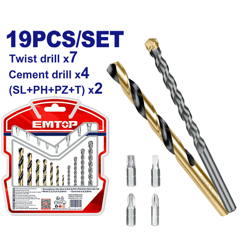 Emtop Набор сверл по металлу и бит 19шт ECBDB1901