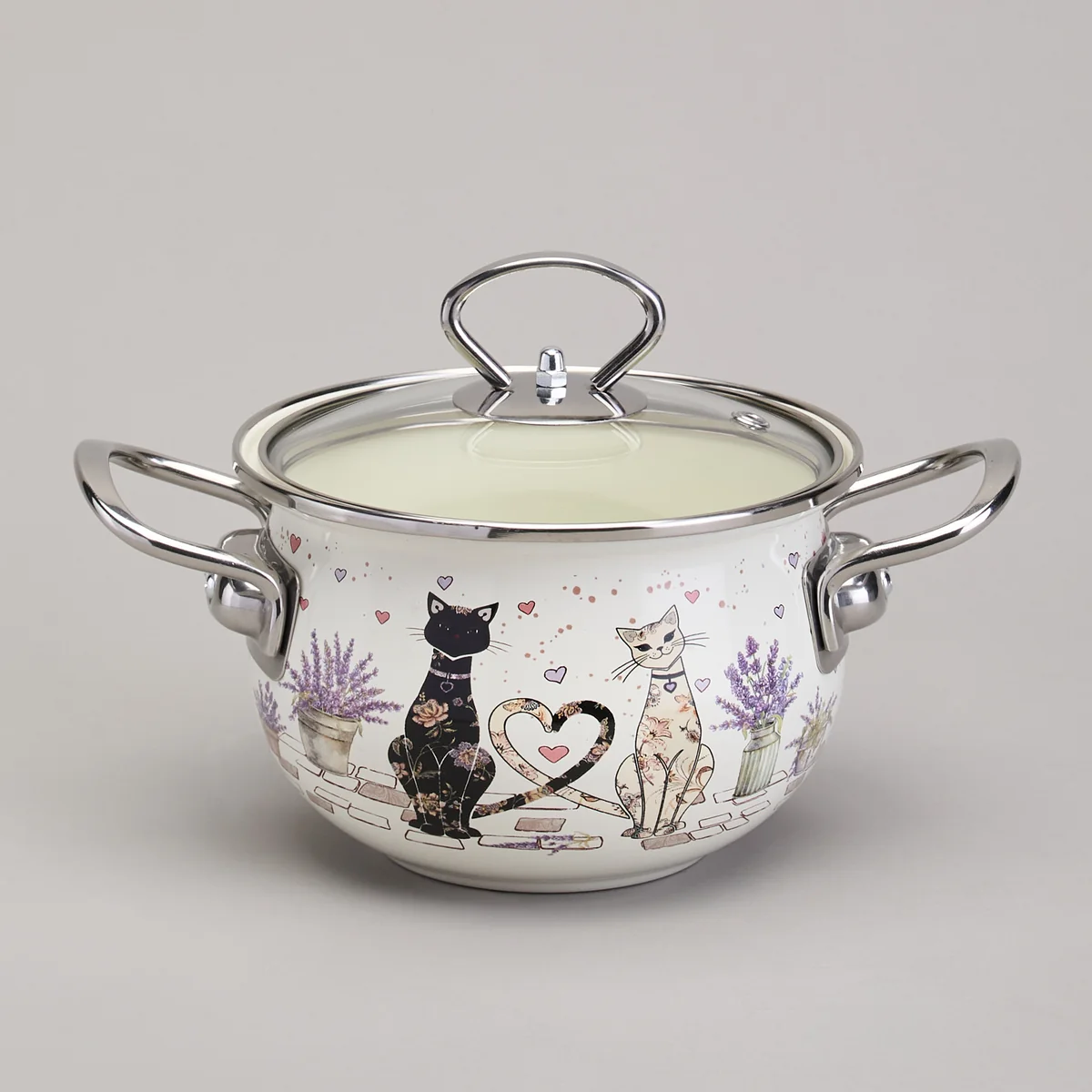 Lefard Кастрюля Agness Эмалированная Со Стеклянной Крышкой Серия Lavander Cats, 2,0 Л Диа. 18см. 943-076