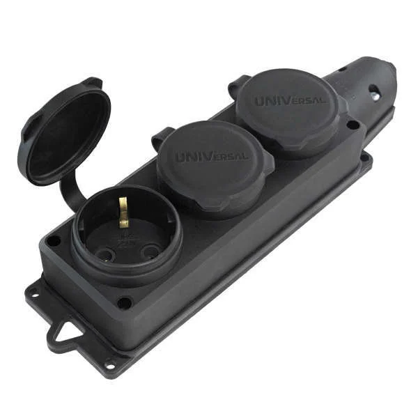 UNIVersal Колодка 3-х местная однофазная с заглушками "Компакт" с/з каучук 16А IP44 цвет черный