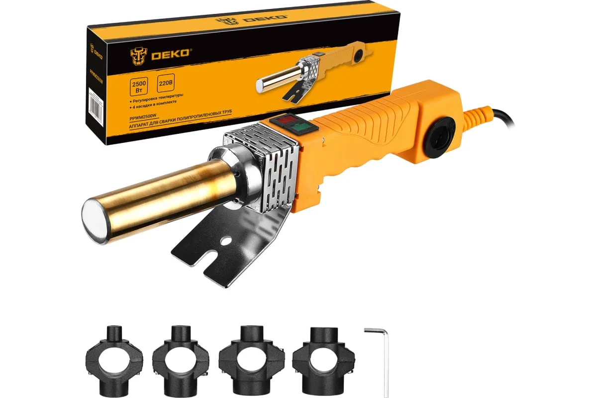 DEKO Аппарат для сварки полипропиленовых труб PPWM2500W в металлическом кейсе, 4 насадки (16-32 мм)