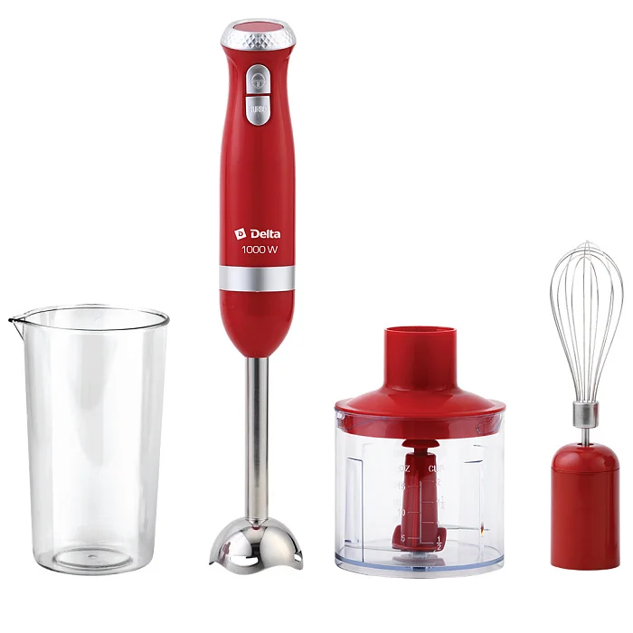 DELTA Блендер погружной 1000 Вт DL-7064B с измельчителем, венчиком, стаканом, красный