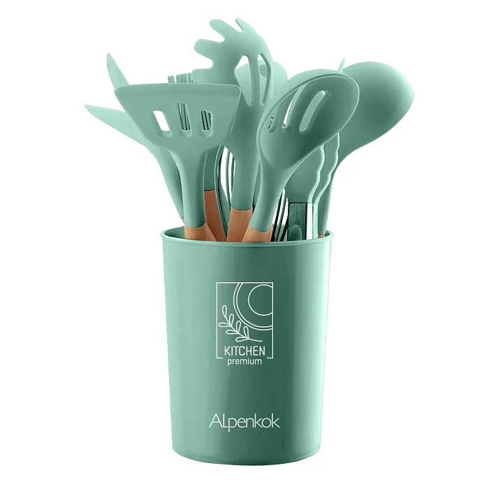 ALPENKOK Набор кухонных принадлежностей на подставке 12 предметов (силикон) АК-5281 мятный