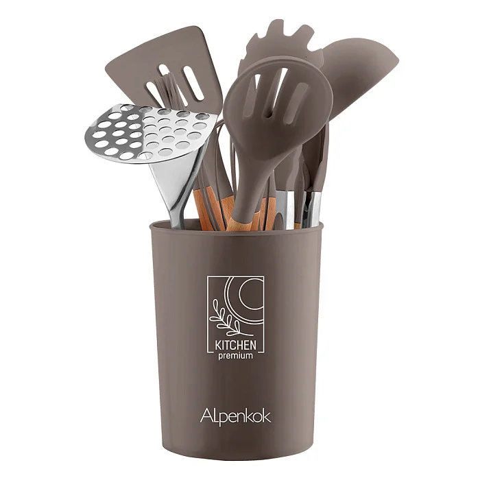 ALPENKOK Набор кухонных принадлежностей на подставке 12 предметов (силикон) АК-5284 бежево-коричневый