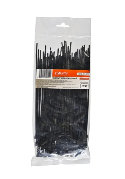 Sturm Хомуты пластмассовые черные, 200 х 3, 6 мм, 100 шт/уп 7012-05-200