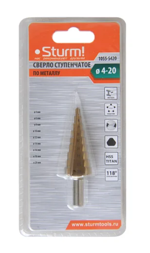 Sturm Сверло ступенчатое по металлу 4-20мм шаг 2мм HSS+TIN прямое 1055-S420