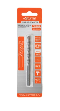 Sturm Сверло по бетону, 6x120мм, твердосплавная напайка BK8, цилиндрический хвостовик 1055-06-06x100SP