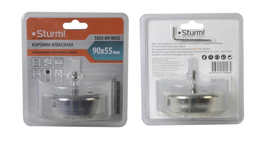 Sturm Коронка алмазн. По керам. Плитке и стеклу 90 х 55 мм, с центрир. Сверл. 1055-09-9055