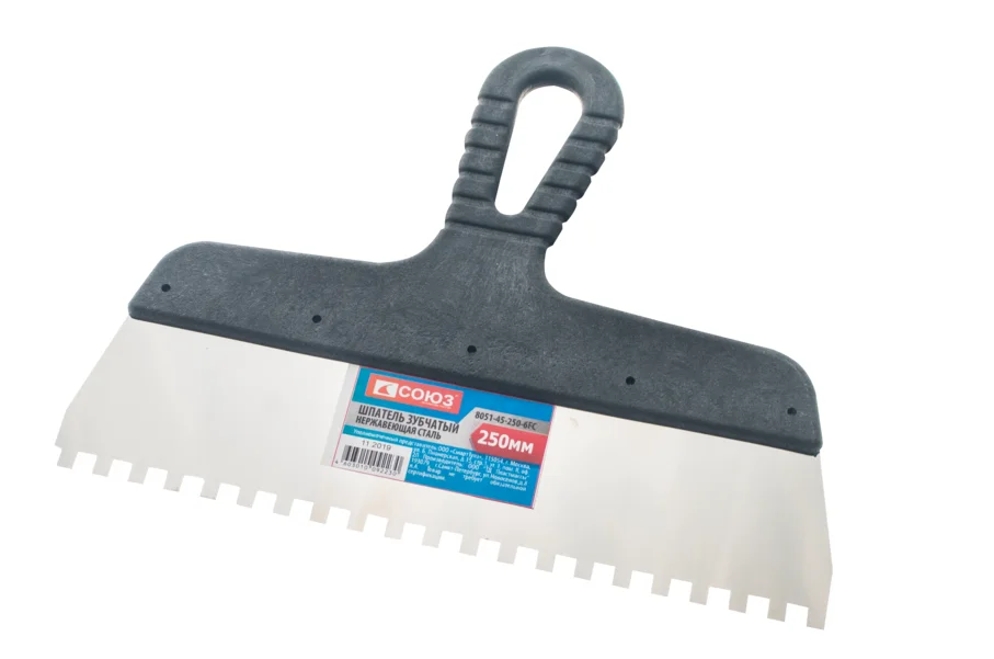 СОЮЗ Шпатель, 250 мм, нержавеющая сталь, зуб 6х6 мм, пластиковая рукоятка, 8051-45-250-6FC