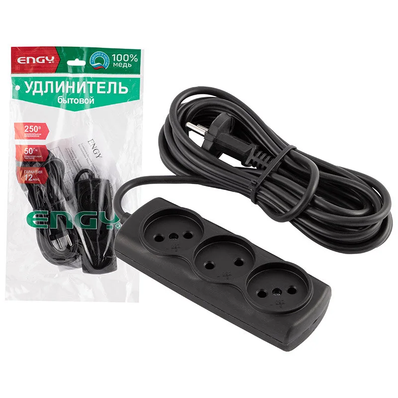 ENGY Удлинитель Премиум 5м/3роз. (ПВС 2х0,75) черный 186744-SK